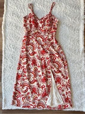 Jessica Simpson Red and Cream Paisley Spaghetti-Strap Jumpsuit